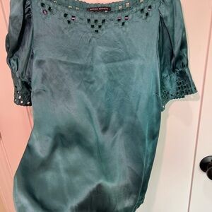 Banana Republic Teal Blouse with Embroidered Accents 100% Silk